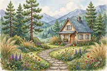 Cartoon illustration of a house with a natural native-plant yard of pines, grasses, and wildflowers.