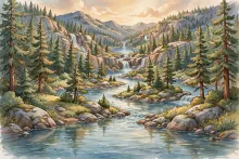 Cartoon illustration of the Spokane River flowing past pine trees and granite rocks toward small waterfalls near Post Falls.