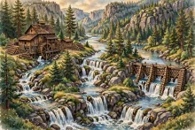 Cartoon illustration of a wooden sawmill and timber-crib dam beside the Spokane River falls among pine trees and granite cliffs.