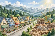 Cartoon illustration of a growing small town with new buildings and cranes set against forested mountains.