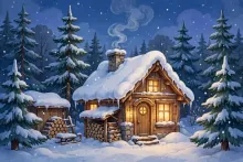 Cartoon illustration of a snow-covered house in a pine forest with smoke curling from the chimney.