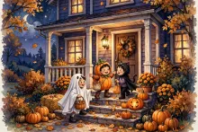 Cartoon illustration of children in Halloween costumes trick-or-treating at a house with a glowing porch light.
