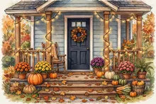 Cartoon illustration of a front porch decorated with pumpkins, mums, and string lights.