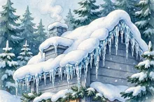 Cartoon illustration of a snowy house roof with icicles forming along the eaves.