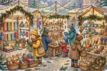 Cartoon illustration of a holiday craft fair with decorated vendor stalls and shoppers.