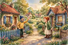 Cartoon illustration of two neighbors waving to each other across a shared driveway.