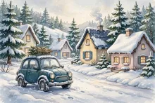 Cartoon illustration of a car with snow tires parked on a snowy North Idaho street.