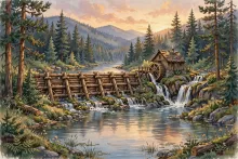 Cartoon illustration of a timber-crib log dam and small sawmill with a waterwheel beside a waterfall on the Spokane River.