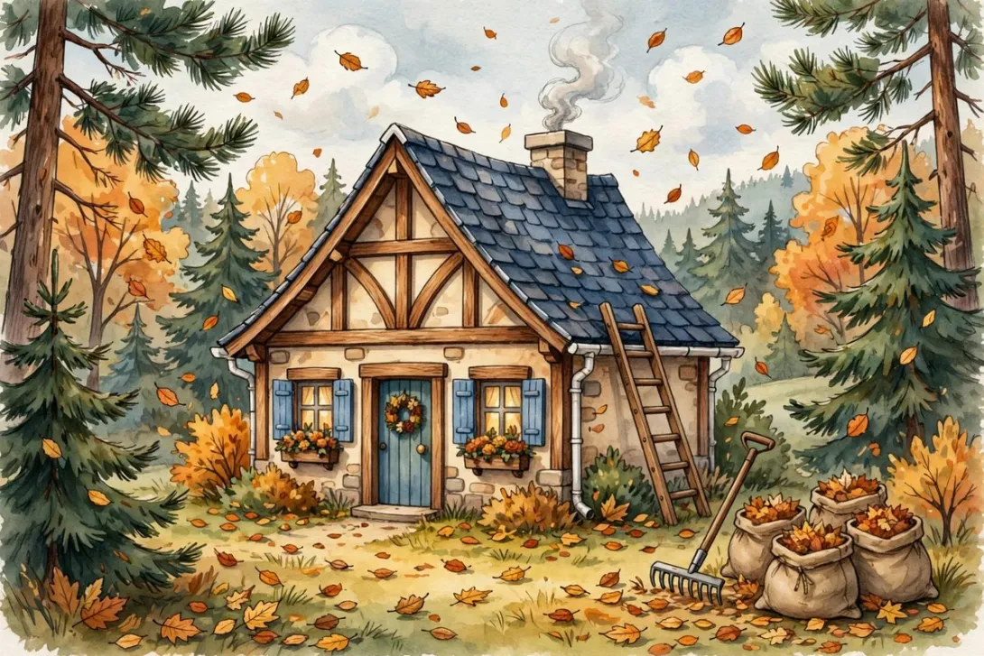 Cartoon illustration of a cozy house in autumn with a ladder against the gutter and leaves falling.