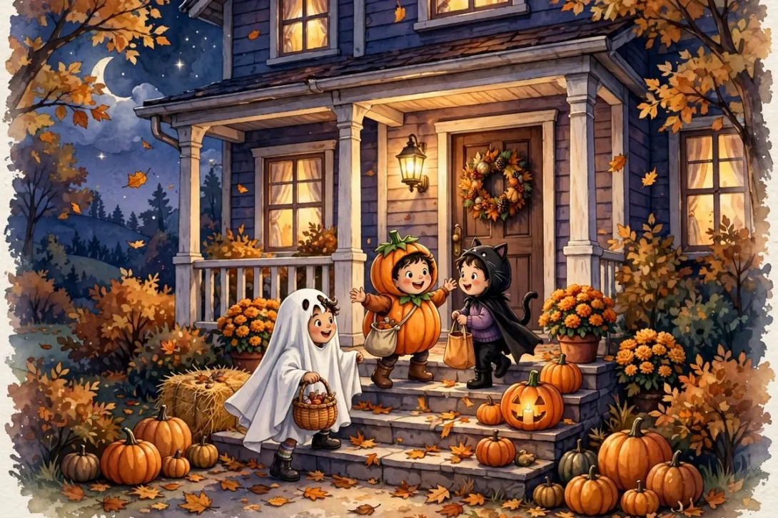 Cartoon illustration of children in Halloween costumes trick-or-treating at a house with a glowing porch light.