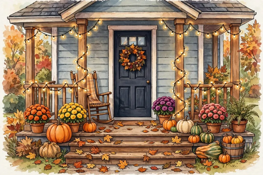 Cartoon illustration of a front porch decorated with pumpkins, mums, and string lights.